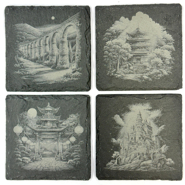 World Architecture Slate Coasters Set, Architectural Scenes from Across the Globe