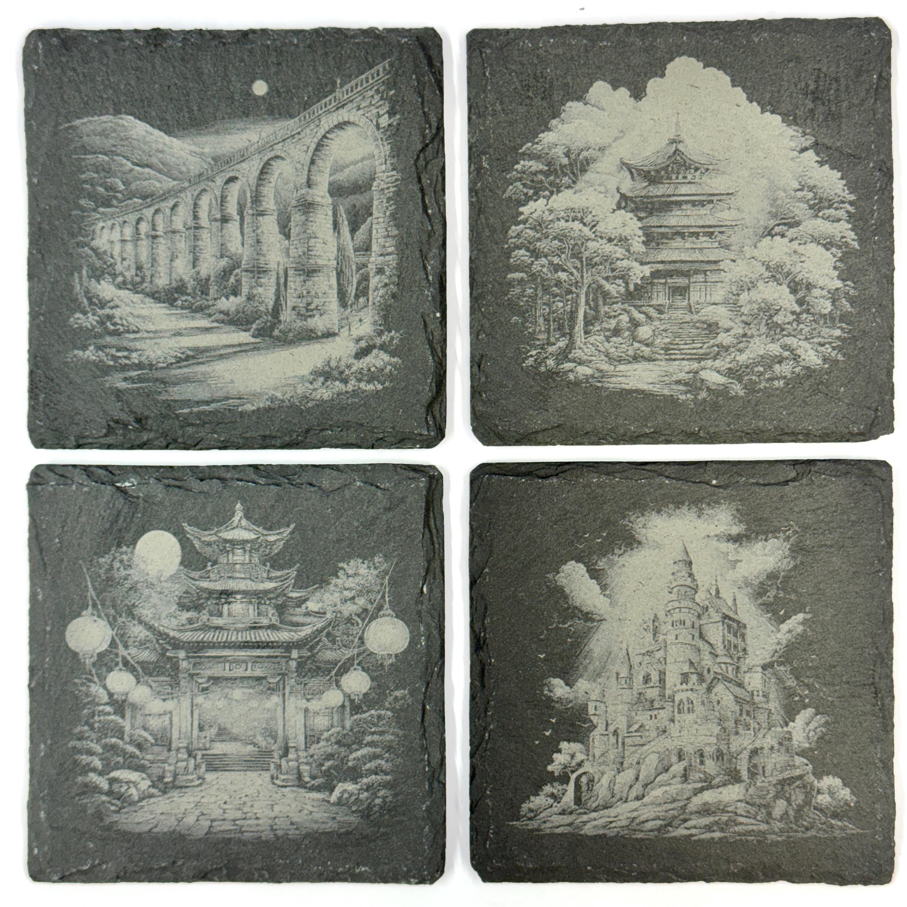 World Architecture Slate Coasters Set, Architectural Scenes from Across the Globe
