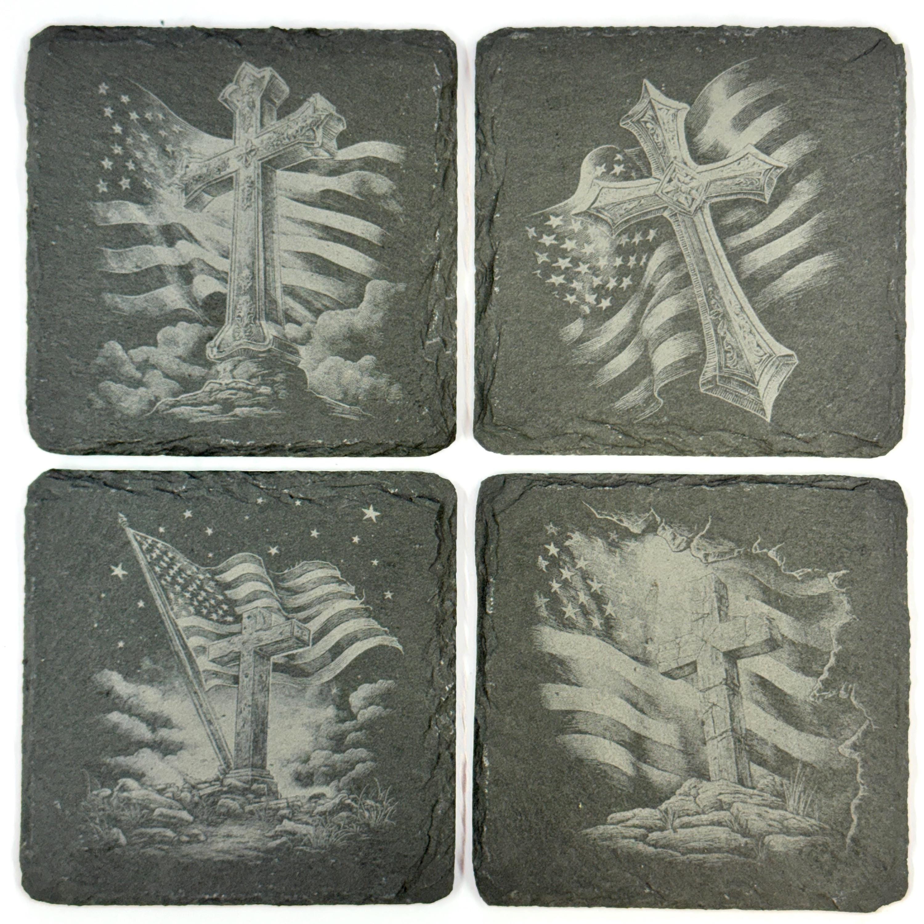 Christian Crosses with American Flags, Inspirational Faith Gift, Laser Engraved Coaster Set (12 words)