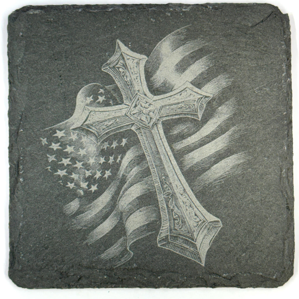 Patriotic Faith and Country Cross Set, Laser Engraved Slate Coasters