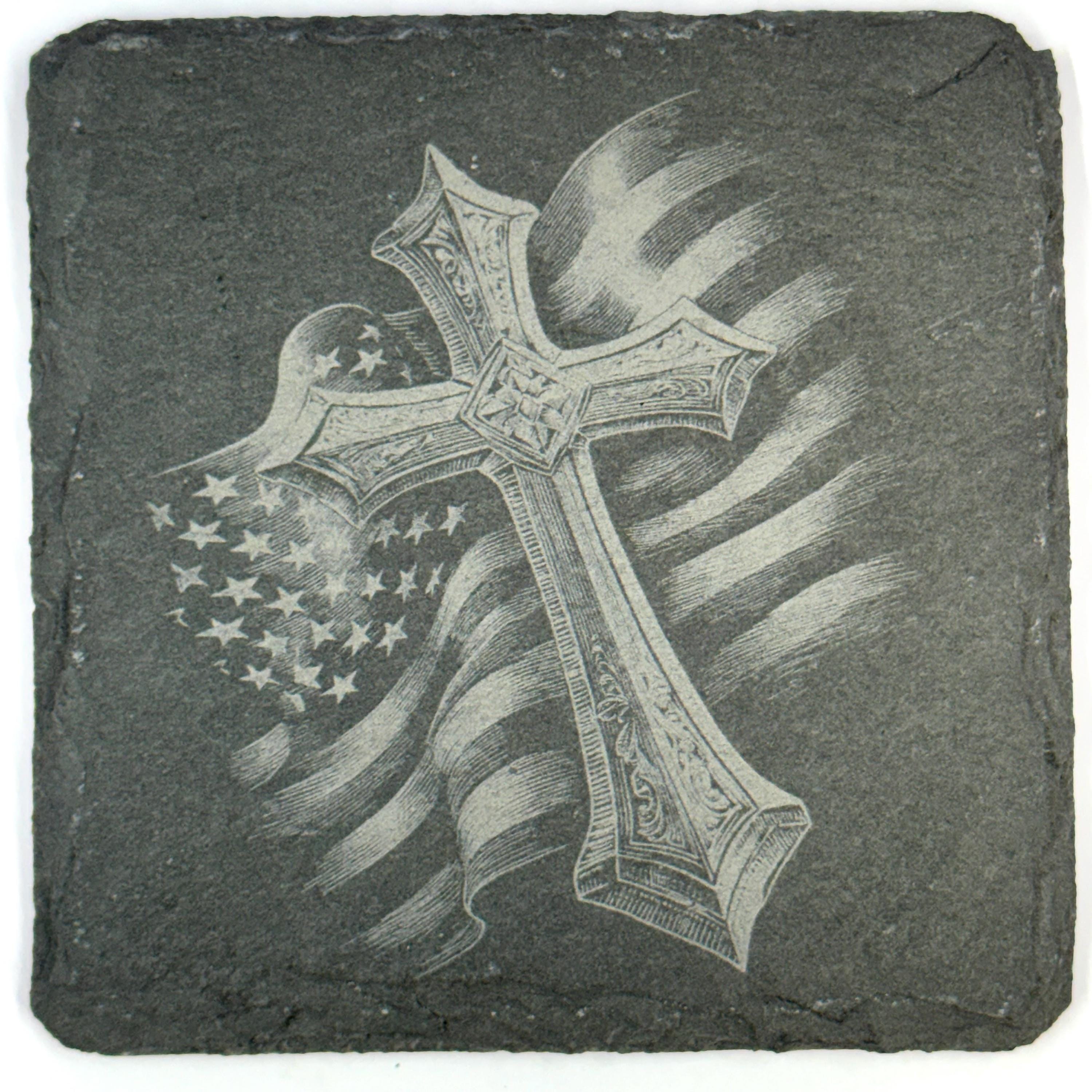 Patriotic Faith and Country Cross Set, Laser Engraved Slate Coasters