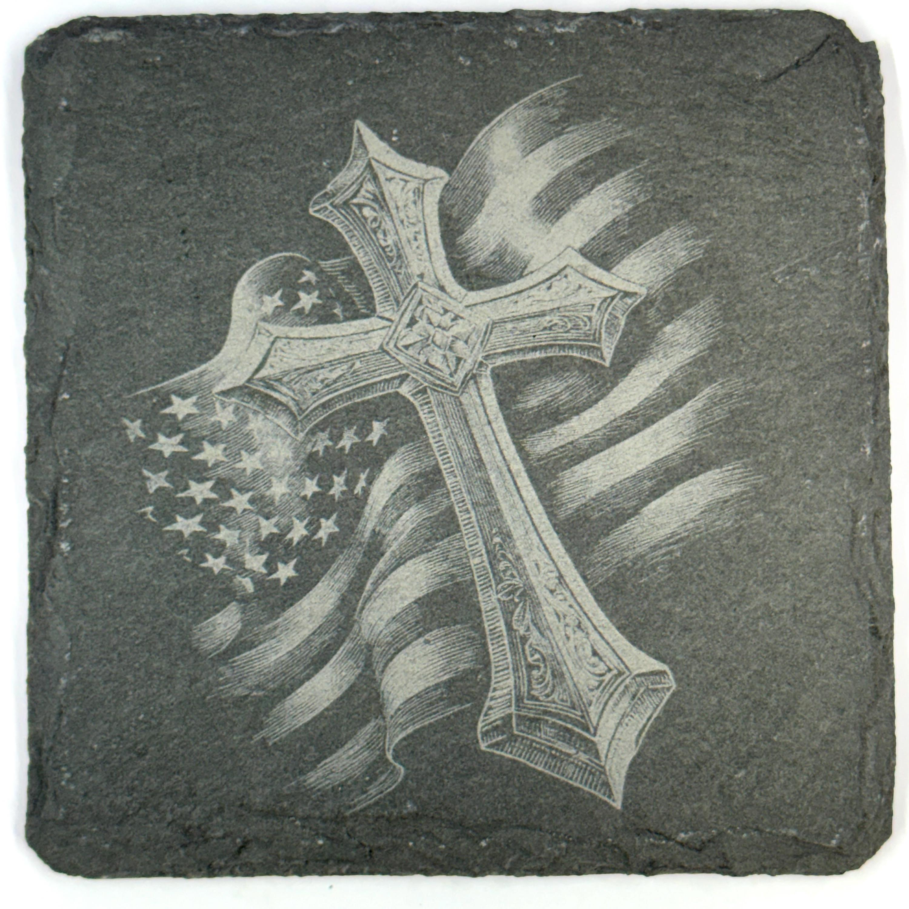 Christian Crosses with American Flags, Inspirational Faith Gift, Laser Engraved Coaster Set (12 words)