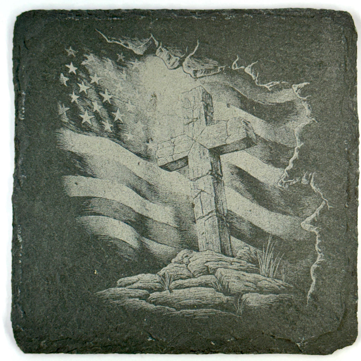 Christian Crosses with American Flags, Inspirational Faith Gift, Laser Engraved Coaster Set (12 words)
