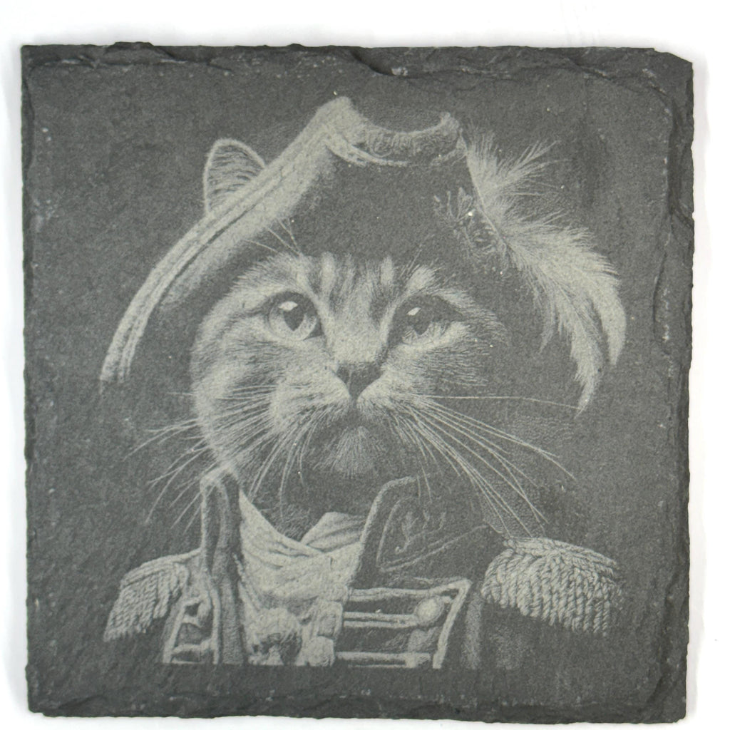 Royal Feline Cat Coasters Set, Noble Whiskered Portraits, Laser Engraved Slate Coasters