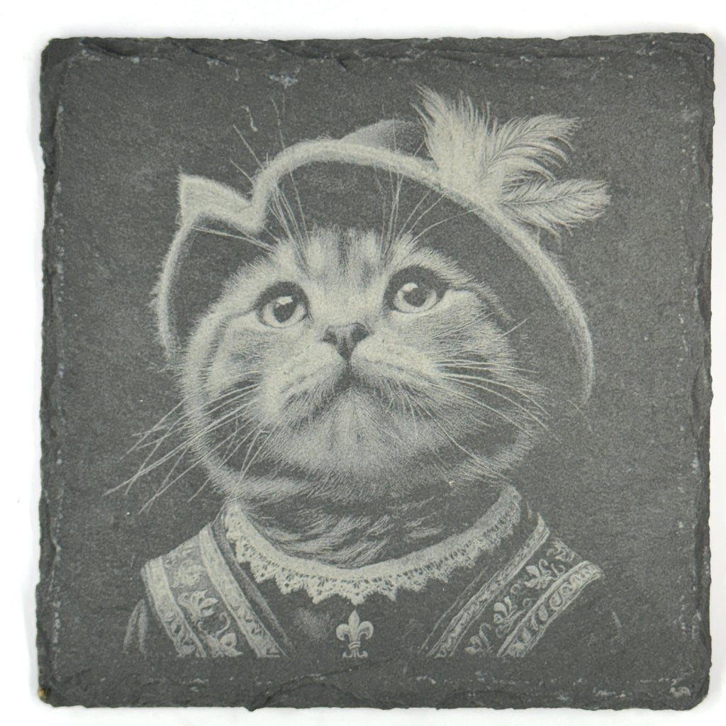 Royal Feline Cat Coasters Set, Noble Whiskered Portraits, Laser Engraved Slate Coasters
