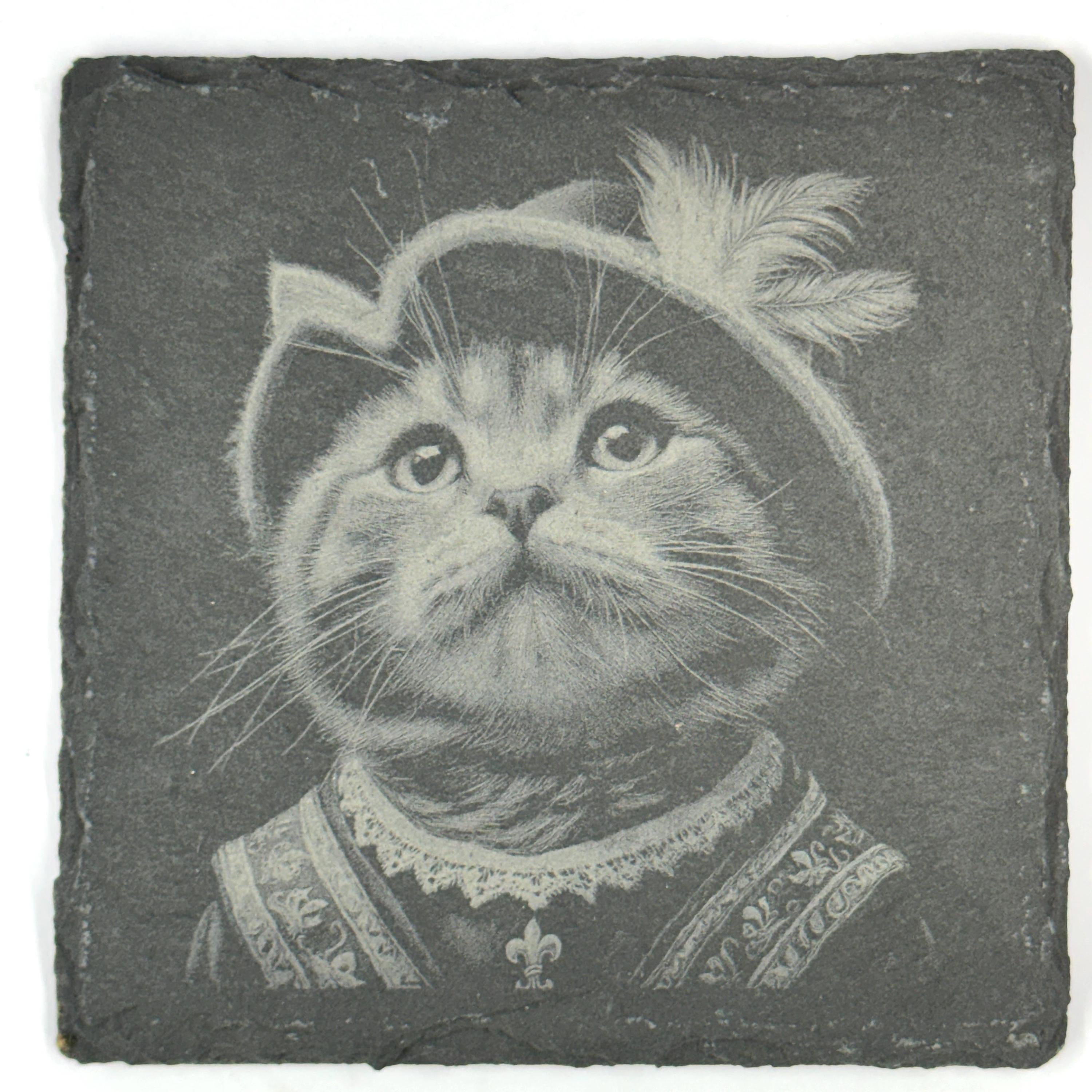 Royal Feline Cat Coasters Set, Noble Whiskered Portraits, Laser Engraved Slate Coasters