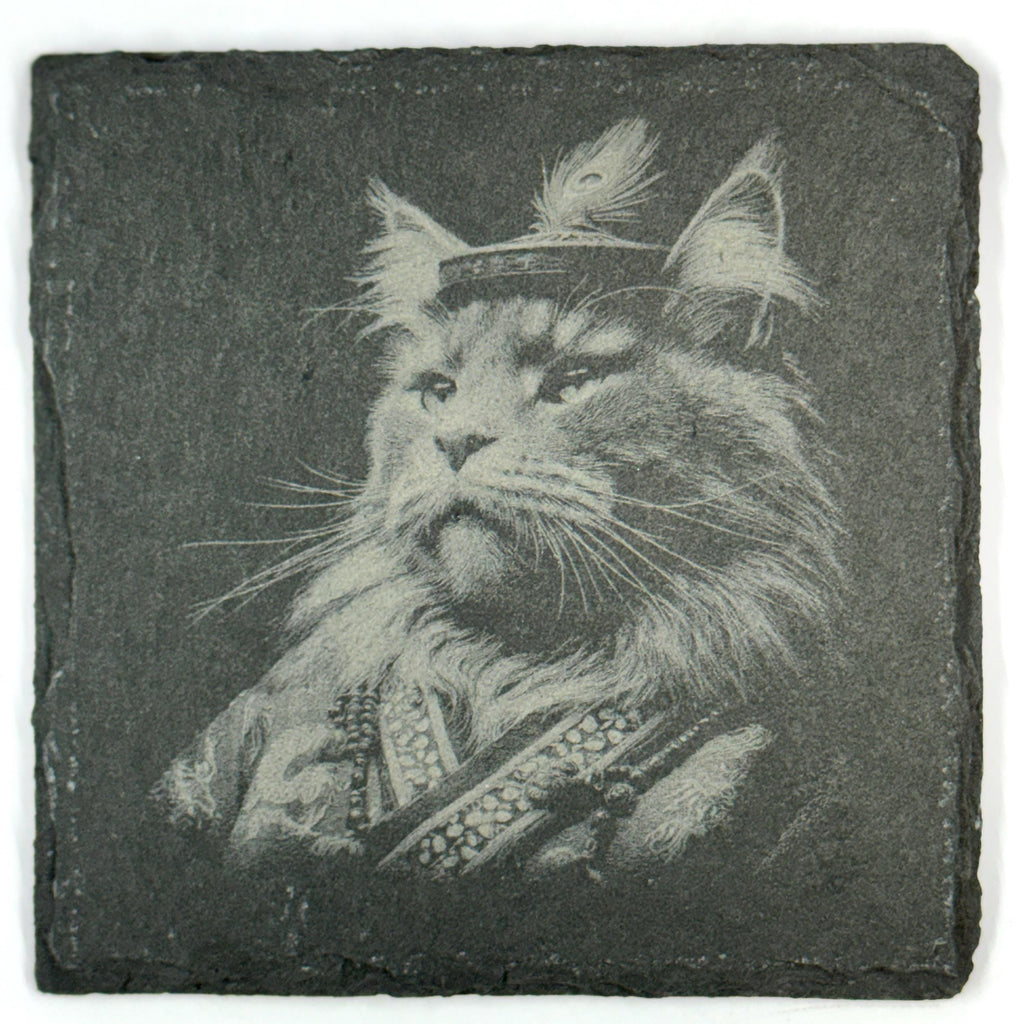 Royal Feline Cat Coasters Set, Noble Whiskered Portraits, Laser Engraved Slate Coasters