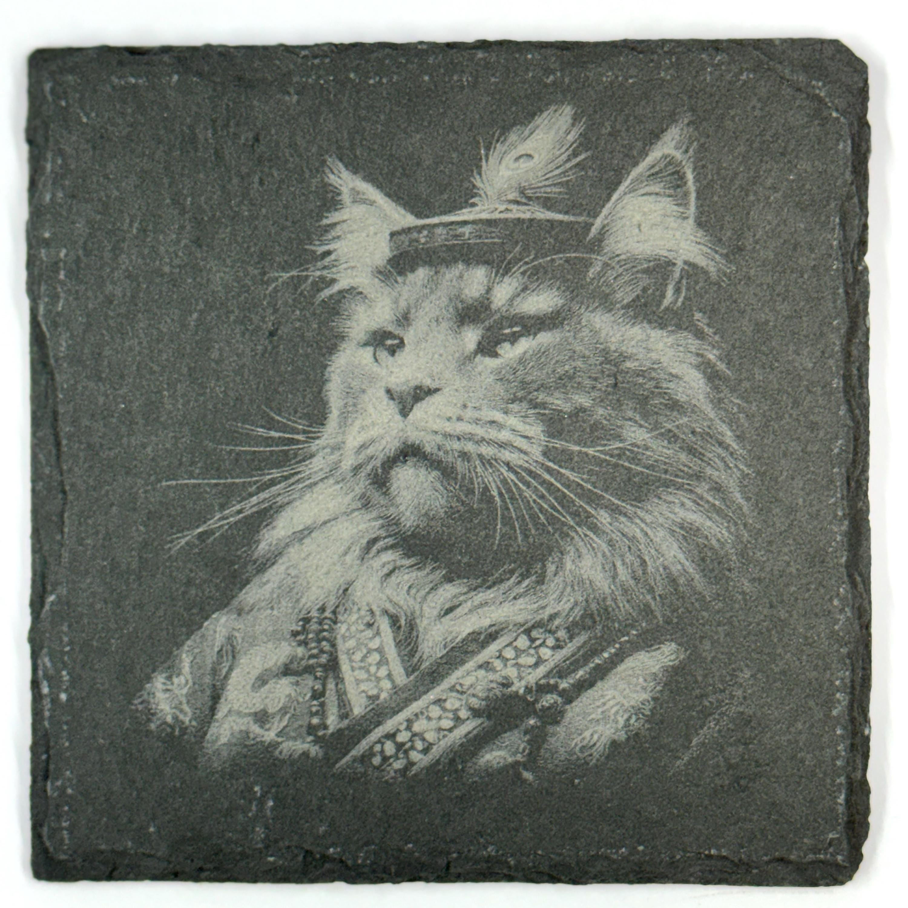 Royal Feline Cat Coasters Set, Noble Whiskered Portraits, Laser Engraved Slate Coasters