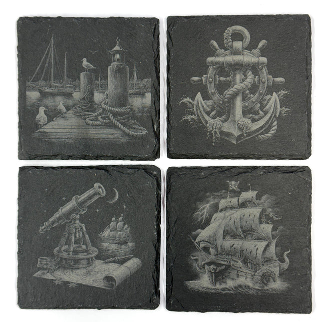 Nautical Pirate Harbor Slate Coasters, Set of 4 Laser Engraved Coastal Decor
