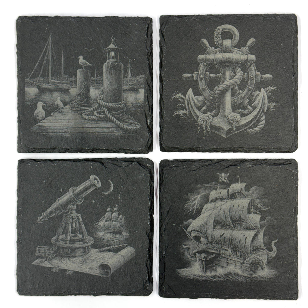 Nautical Pirate Harbor Slate Coasters, Set of 4 Laser Engraved Coastal Decor