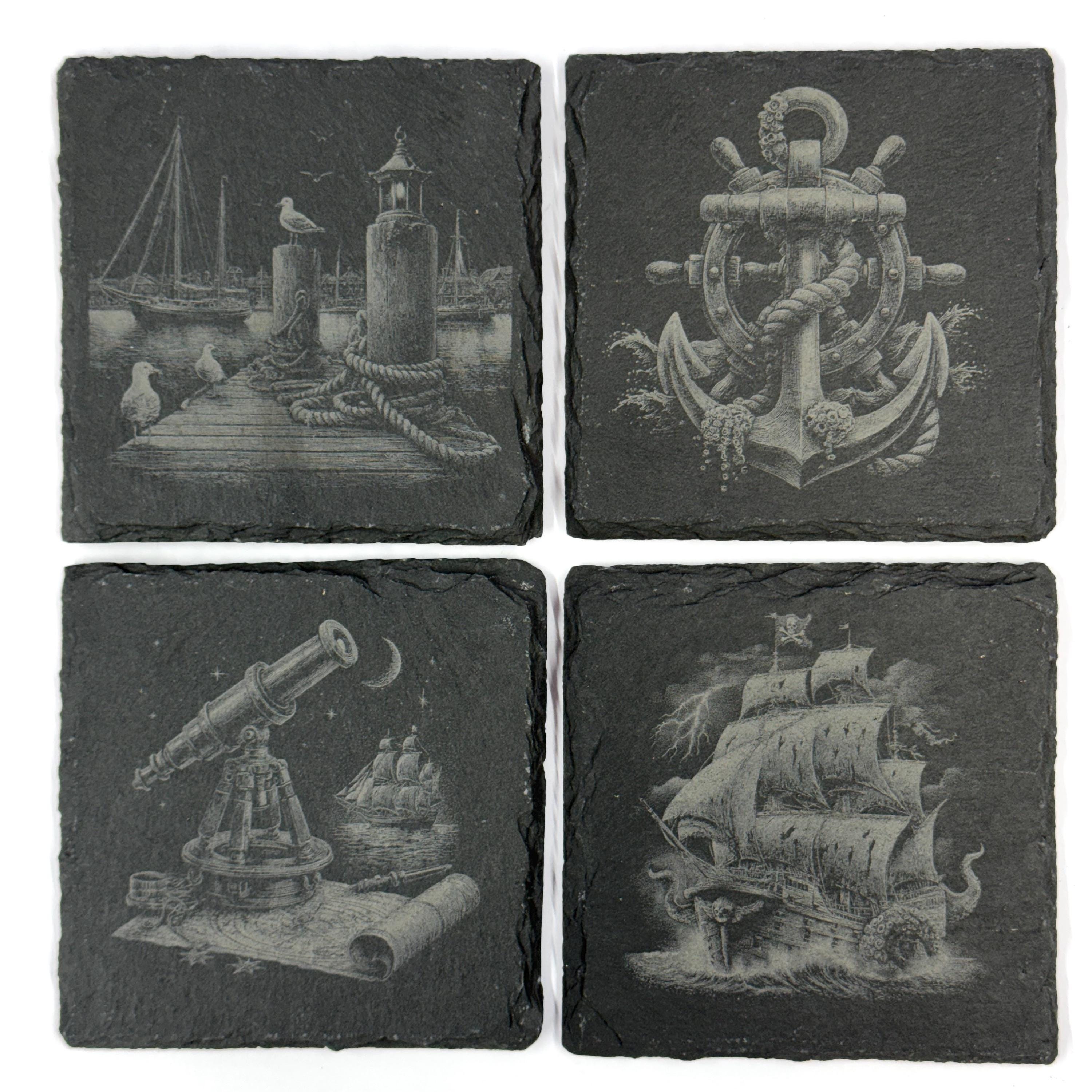 Nautical Pirate Harbor Slate Coasters, Set of 4 Laser Engraved Coastal Decor