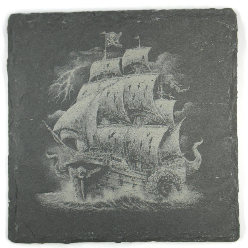 Nautical Pirate Harbor Slate Coasters, Set of 4 Laser Engraved Coastal Decor
