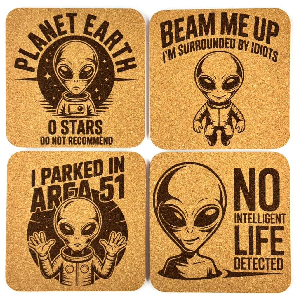Funny Alien Cork Coaster Set, UFO Area 51 Sci-Fi Drink Coasters