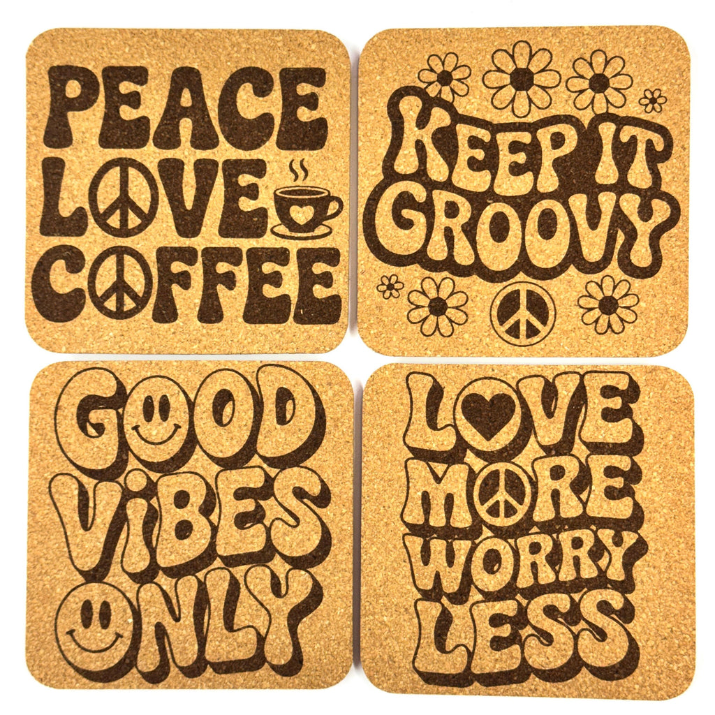 Groovy Retro Cork Coaster Set, 70s Peace Love Good Vibes Gift