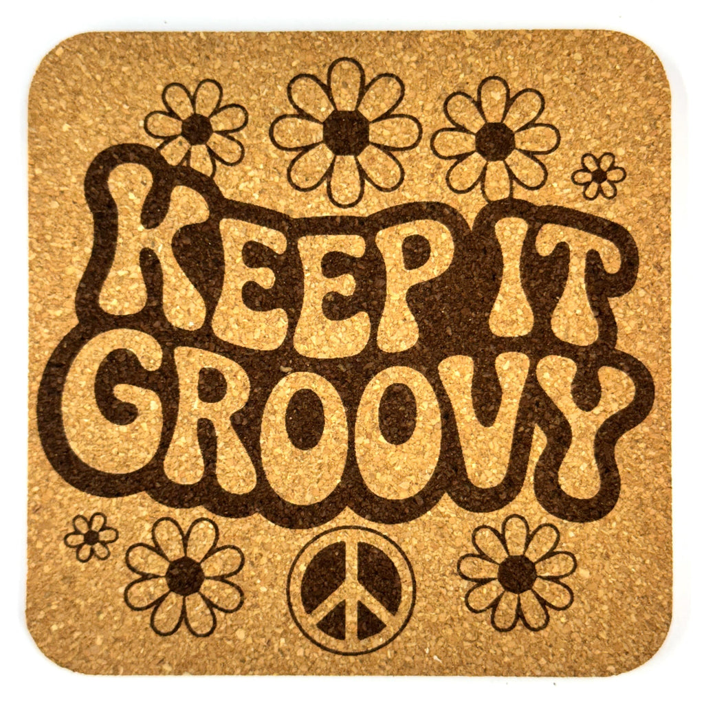 Groovy Retro Cork Coaster Set, 70s Peace Love Good Vibes Gift
