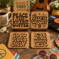 Groovy Retro Cork Coaster Set, 70s Peace Love Good Vibes Gift