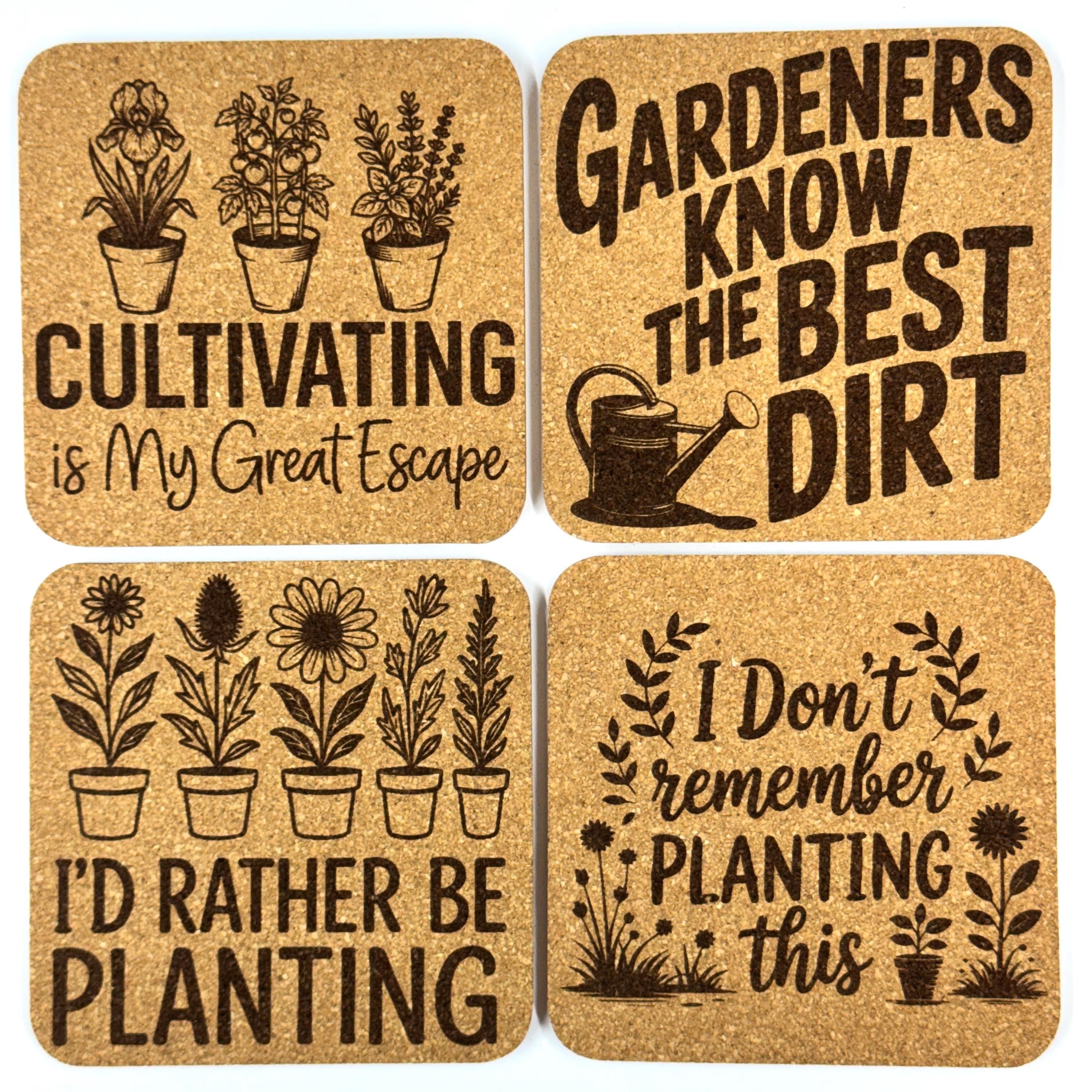 Gardening Cork Coaster Set, Funny Gift for Gardeners and Plant Lovers