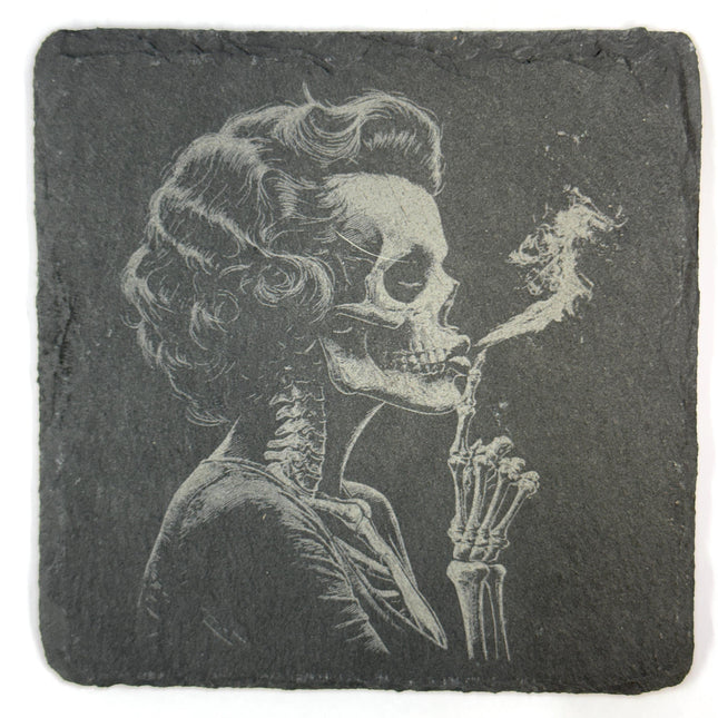 Gothic Skeleton Portraits, Floral Skull Art, Set of 4 Laser Engraved Slate Coasters