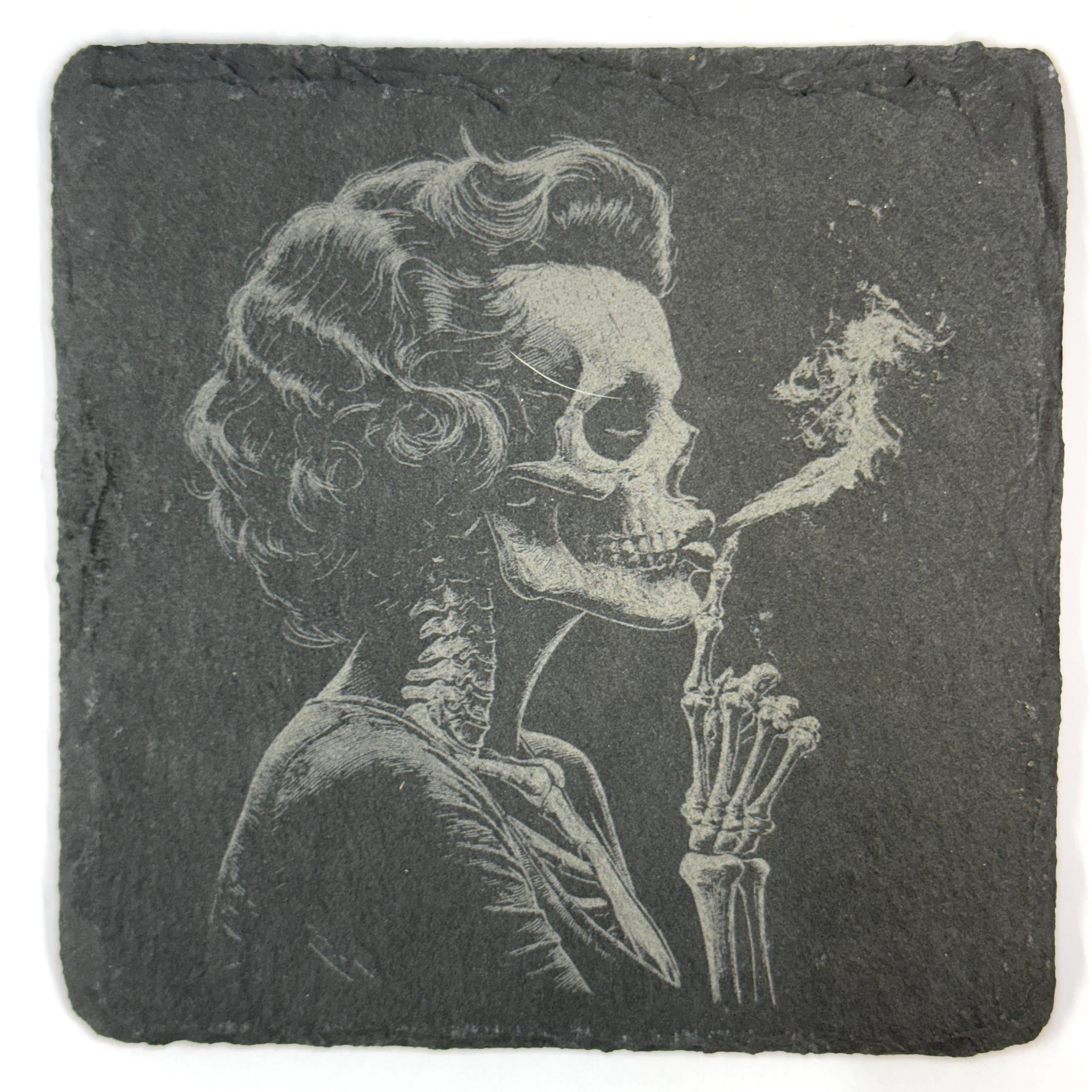 Gothic Skeleton Portraits, Floral Skull Art, Set of 4 Laser Engraved Slate Coasters