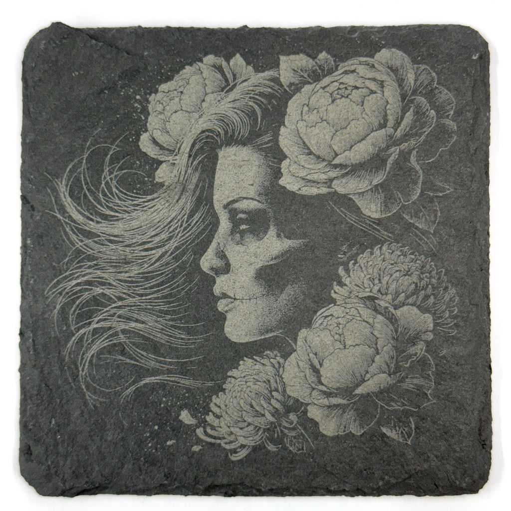 Gothic Skeleton Portraits, Floral Skull Art, Set of 4 Laser Engraved Slate Coasters