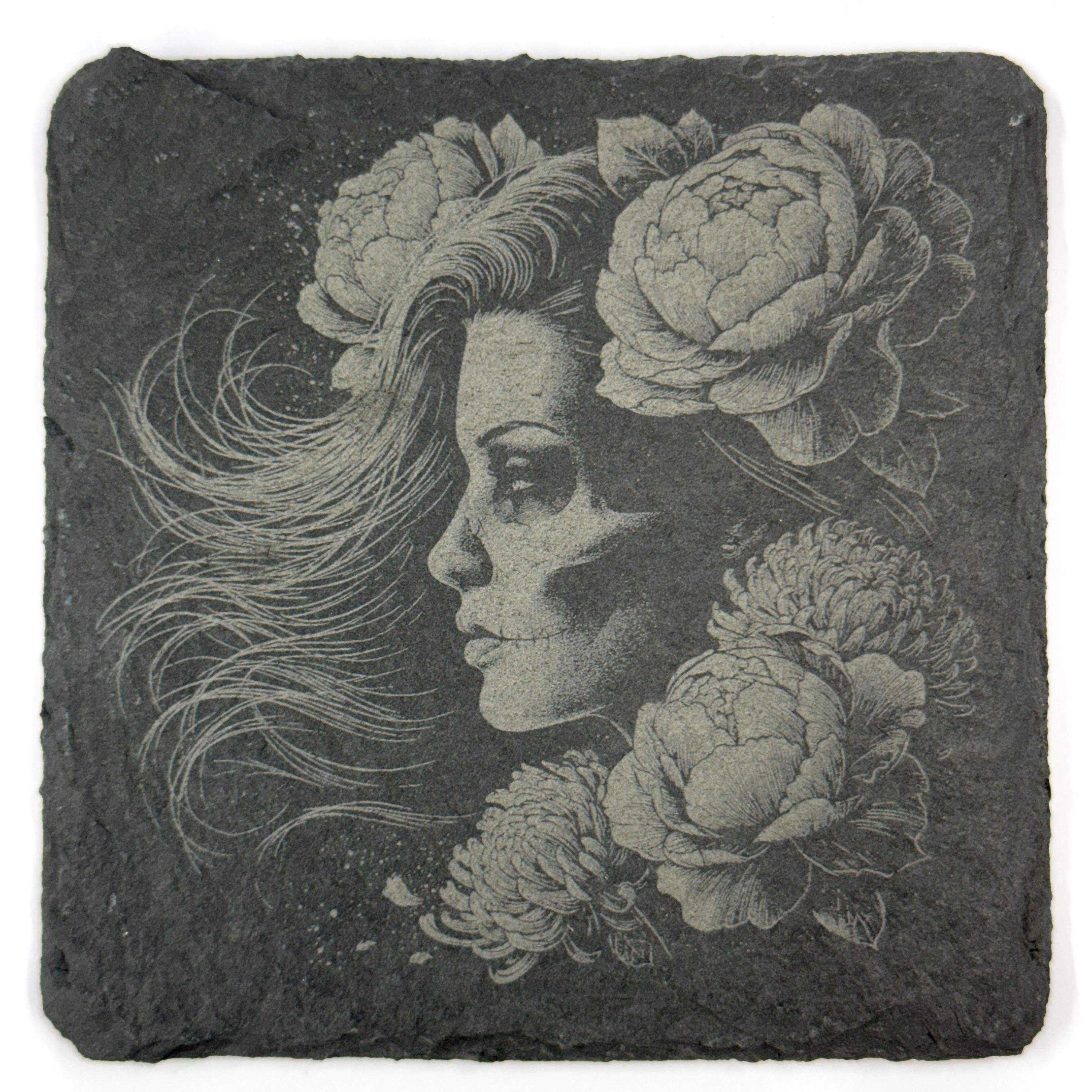 Gothic Skeleton Portraits, Floral Skull Art, Set of 4 Laser Engraved Slate Coasters