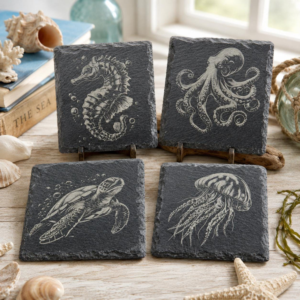 Engraved Ocean Life Slate Coasters: Nautical Coastal Decor, Set of 4