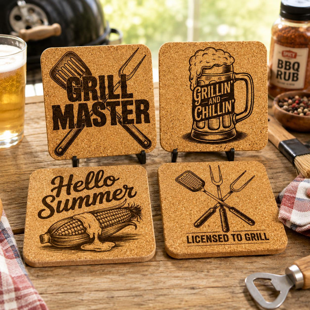 Grill Master Cork Coasters – Funny BBQ & Summer Bar Set