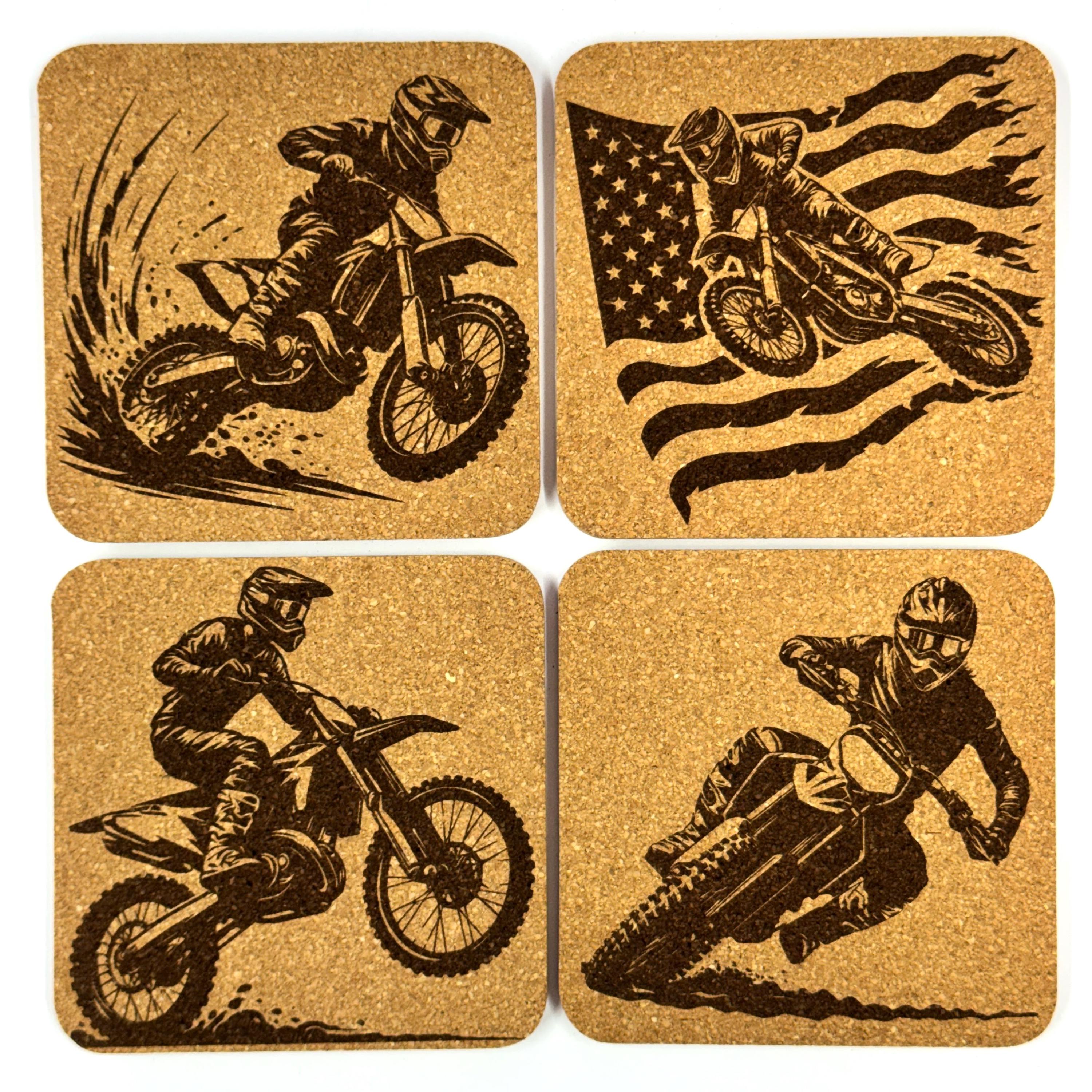 Motocross Dirt Bike Cork Coaster Set, Off Road Motorcycle Racing Gift