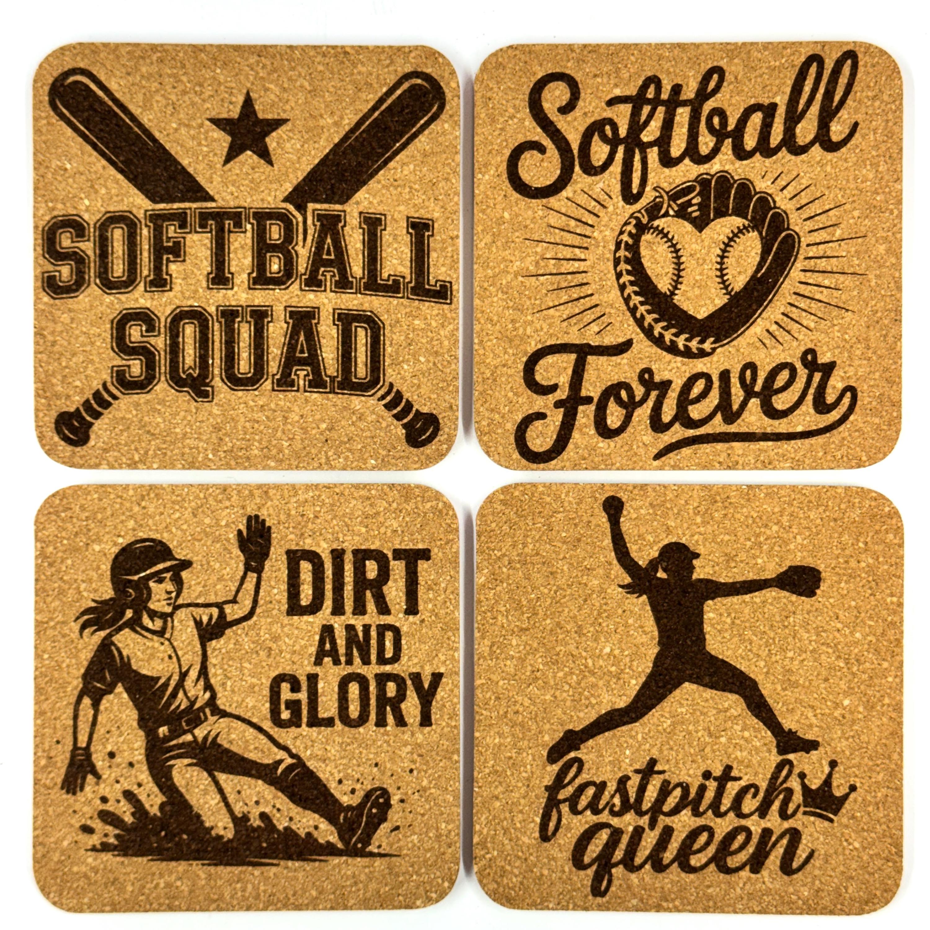 Softball Cork Coaster Set, Fastpitch Player Gift, Team Softball Decor