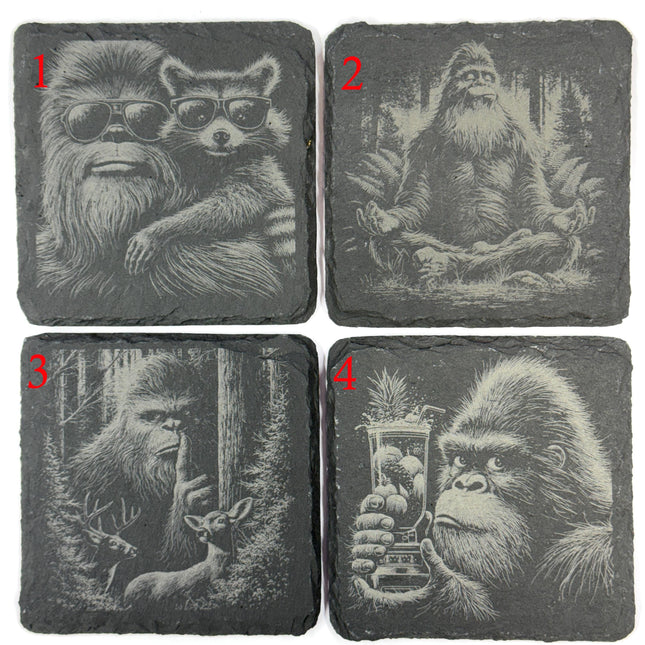 Funny Bigfoot and Sasquatch Scenes – Choose Any 4 Laser Engraved Slate Coasters