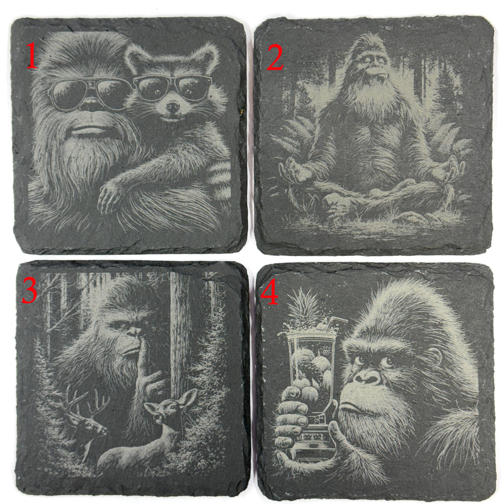 Funny Bigfoot and Sasquatch Scenes – Choose Any 4 Laser Engraved Slate Coasters