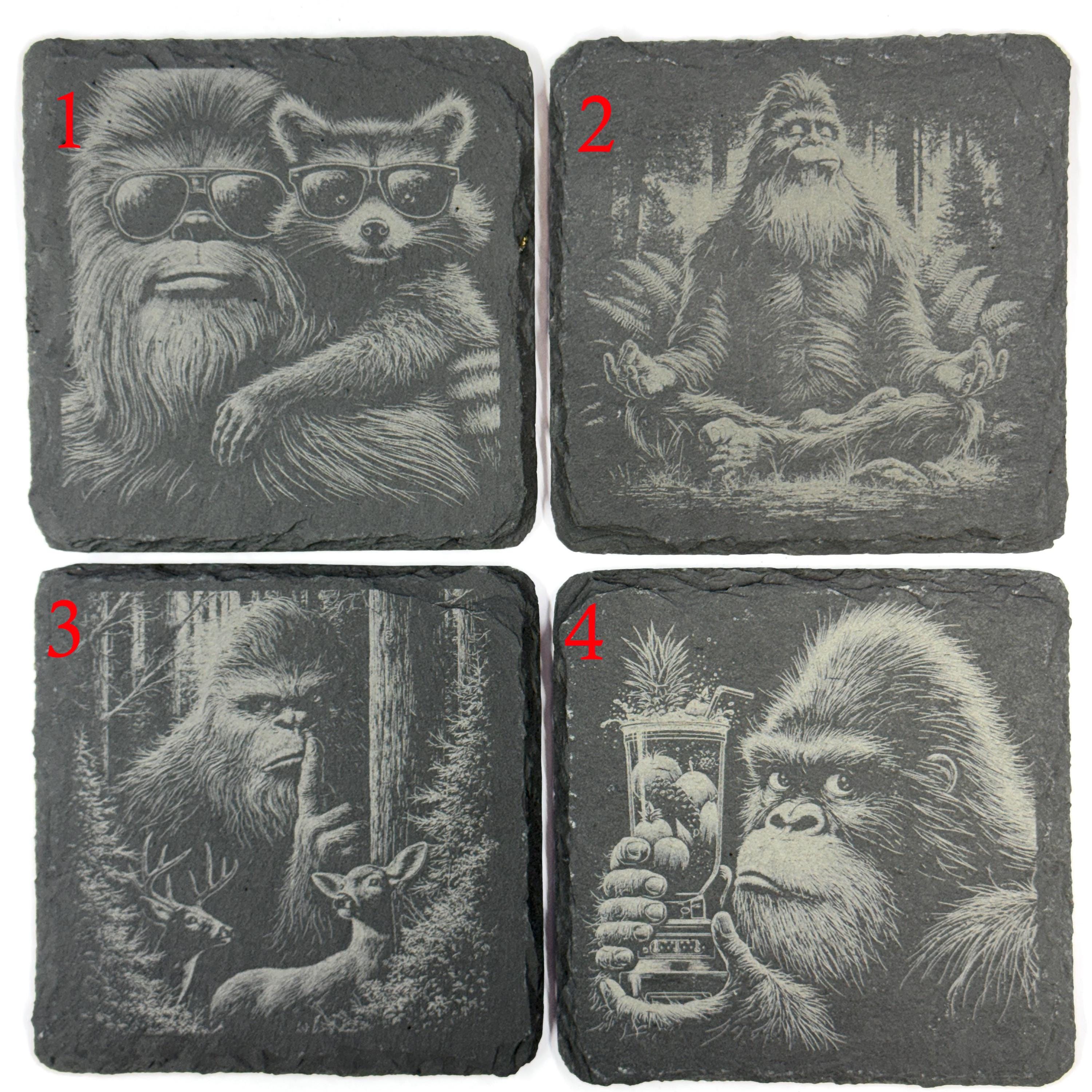 Funny Bigfoot and Sasquatch Scenes – Choose Any 4 Laser Engraved Slate Coasters