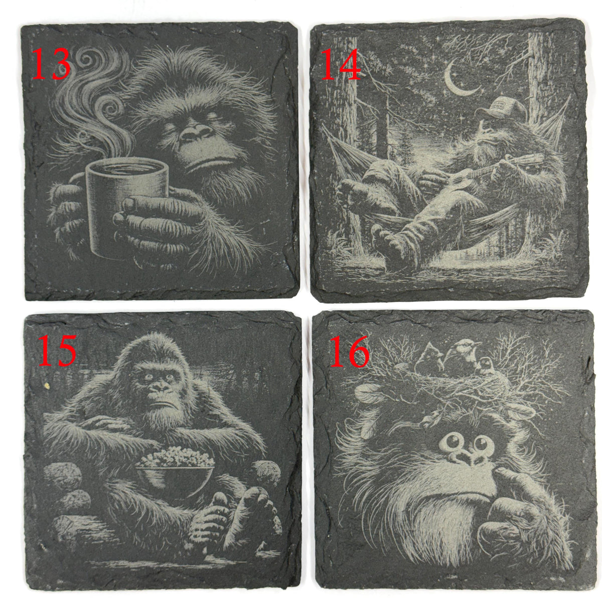 Funny Bigfoot and Sasquatch Scenes – Choose Any 4 Laser Engraved Slate Coasters