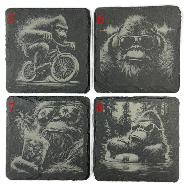 Funny Bigfoot and Sasquatch Scenes – Choose Any 4 Laser Engraved Slate Coasters