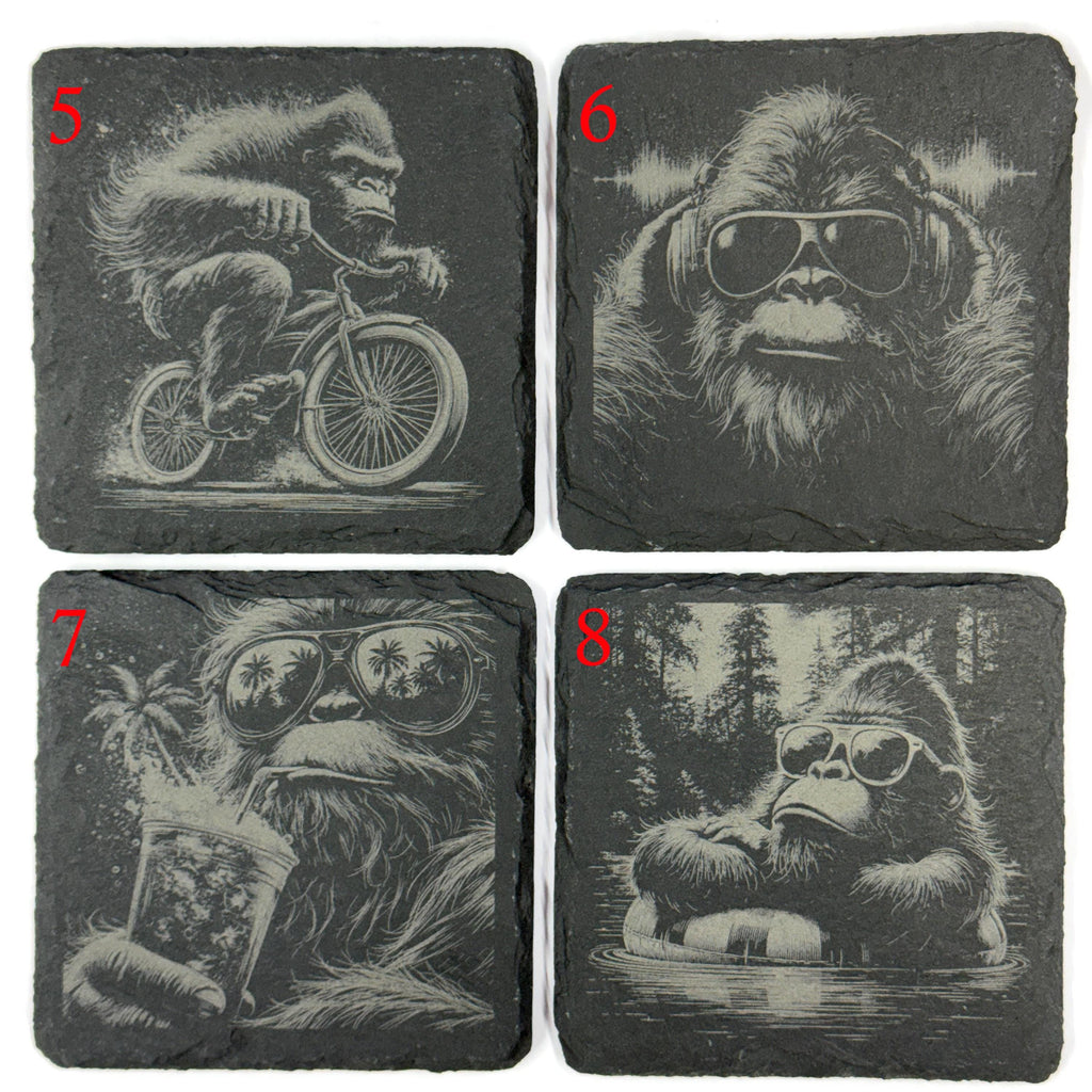 Funny Bigfoot and Sasquatch Scenes – Choose Any 4 Laser Engraved Slate Coasters