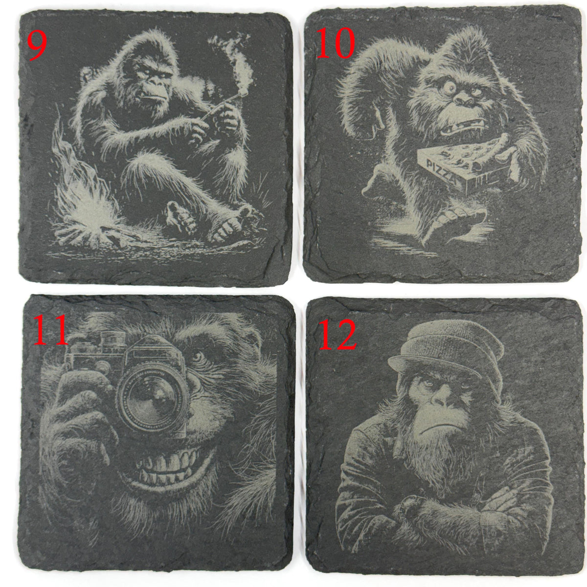 Funny Bigfoot and Sasquatch Scenes – Choose Any 4 Laser Engraved Slate Coasters
