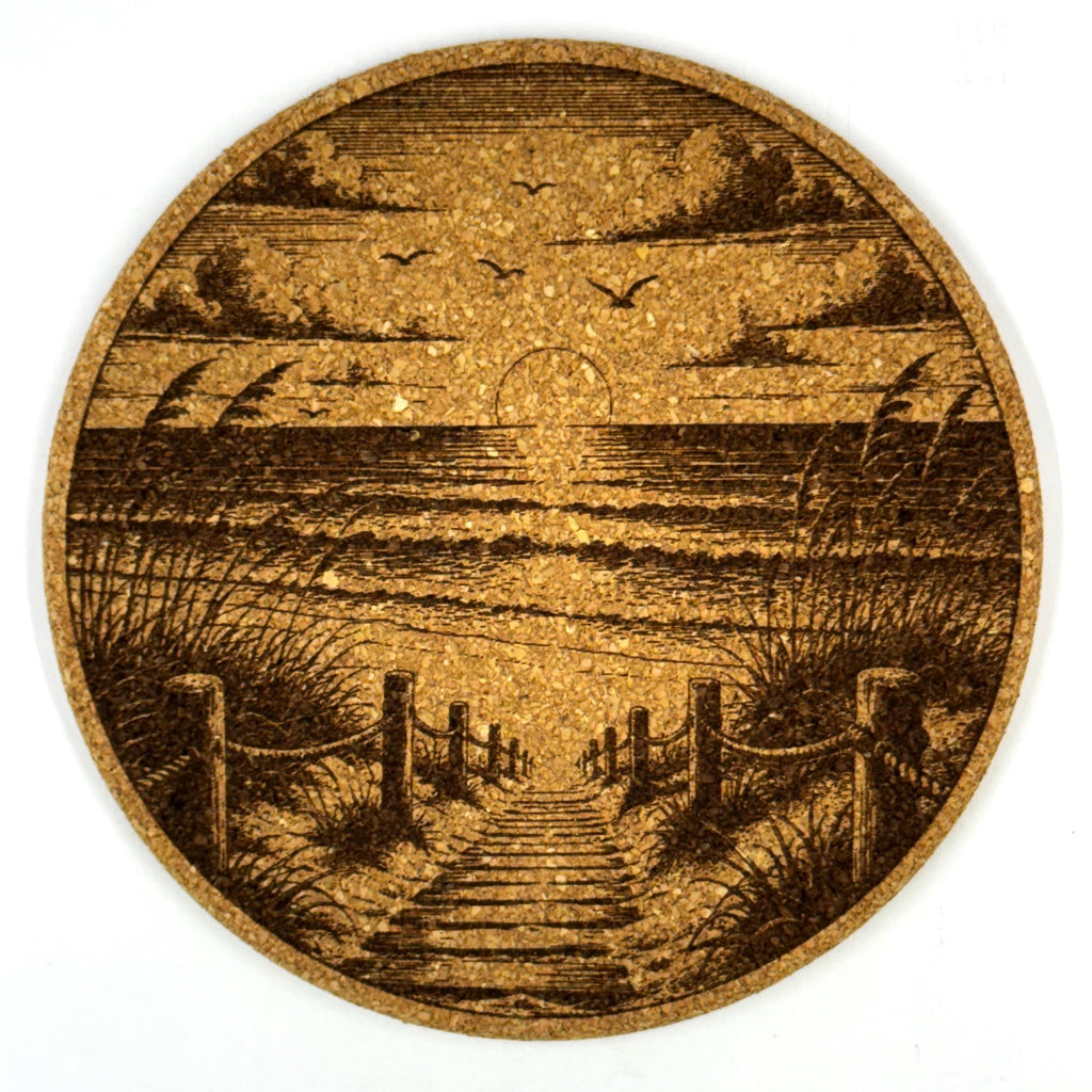Tropical Beach Scenes Round Cork Coaster Set of 4 – Laser Engraved Coastal Drink Coasters