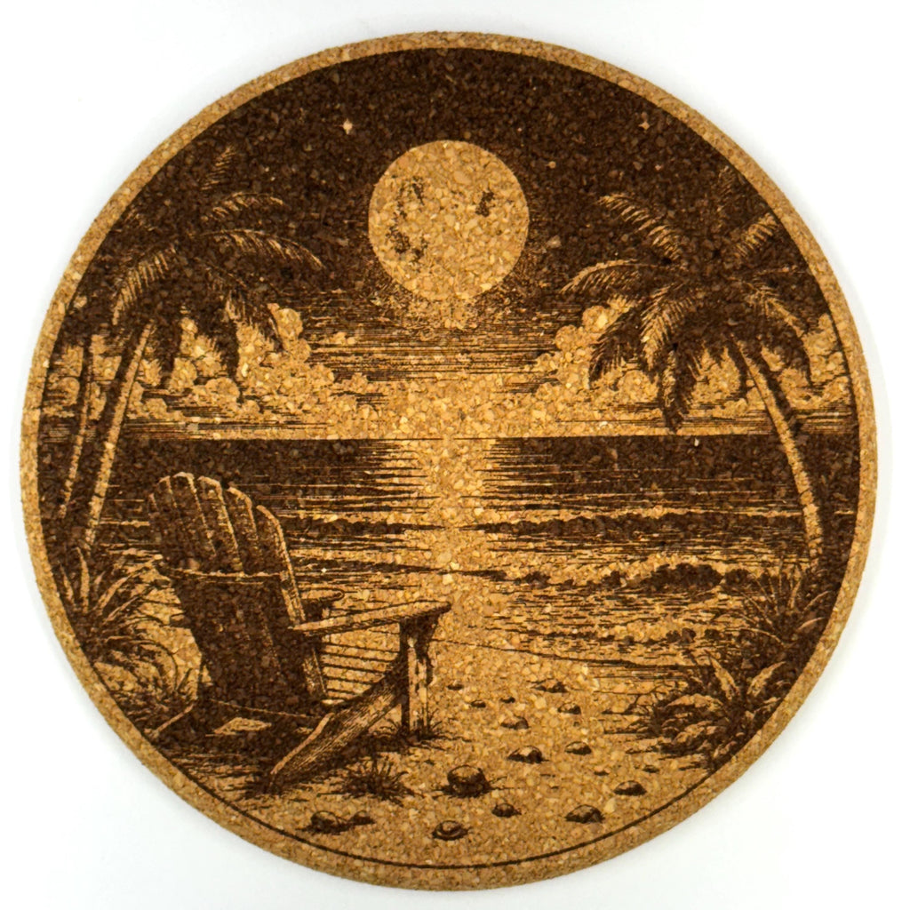 Tropical Beach Scenes Round Cork Coaster Set of 4 – Laser Engraved Coastal Drink Coasters