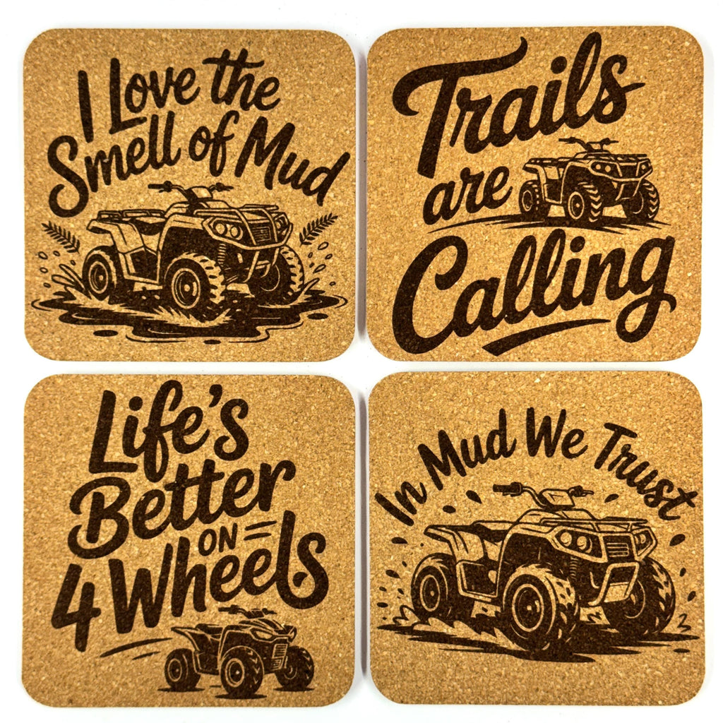 Mud Trails & Four-Wheel Thrills, Set of 4 Laser Engraved Cork Coasters