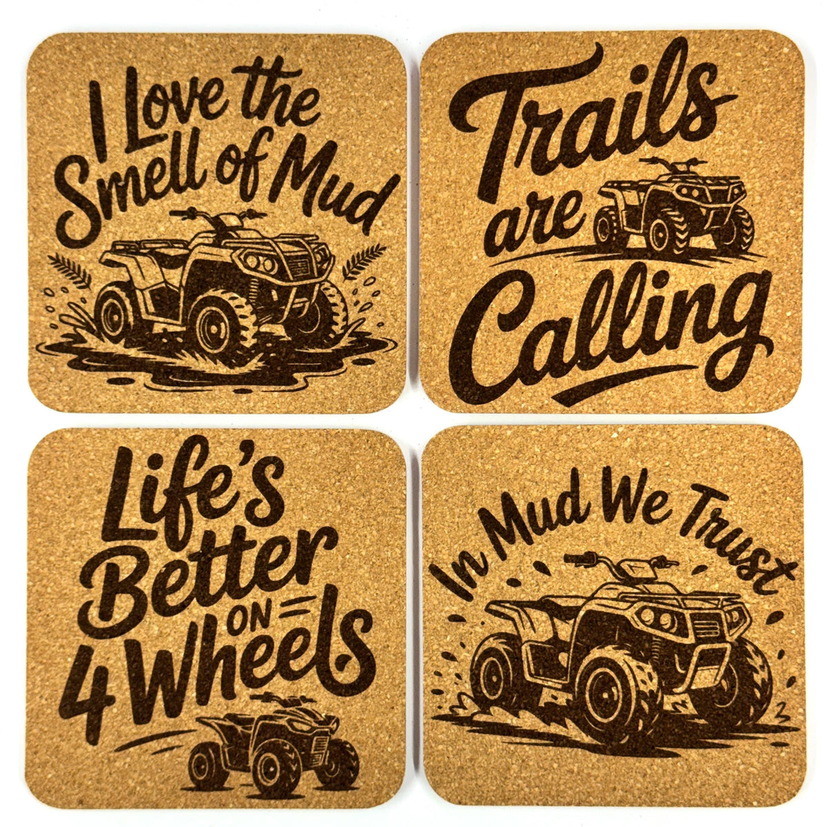 Mud Trails & Four-Wheel Thrills, Set of 4 Laser Engraved Cork Coasters