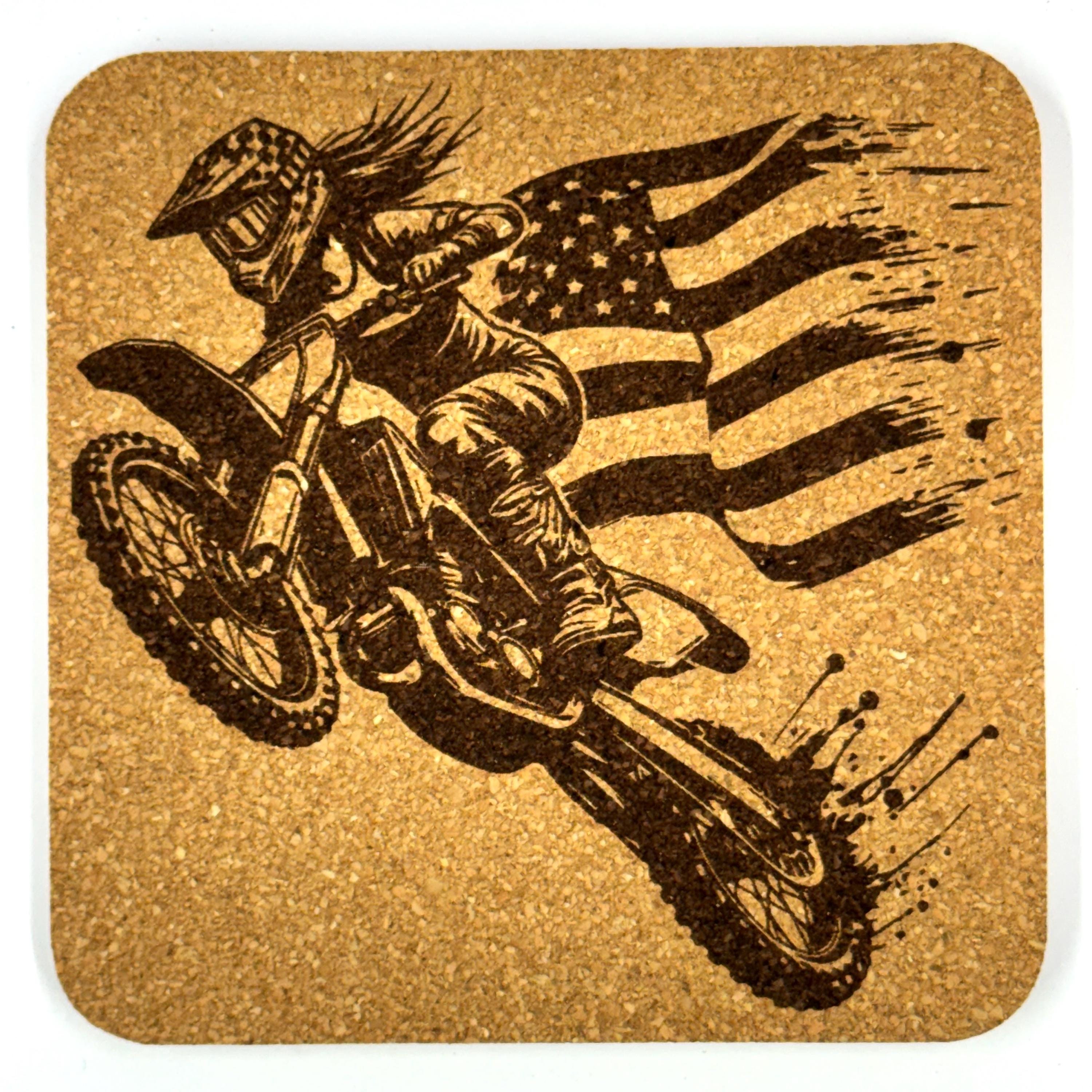 Dirt Bike Motocross Riders, Set of 4 Laser Engraved Cork Coasters