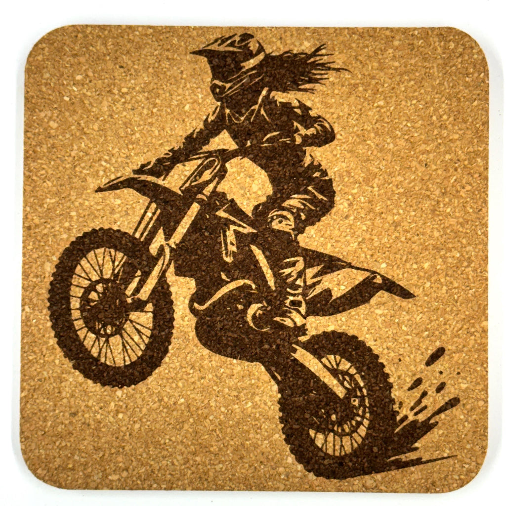 Dirt Bike Motocross Riders, Set of 4 Laser Engraved Cork Coasters