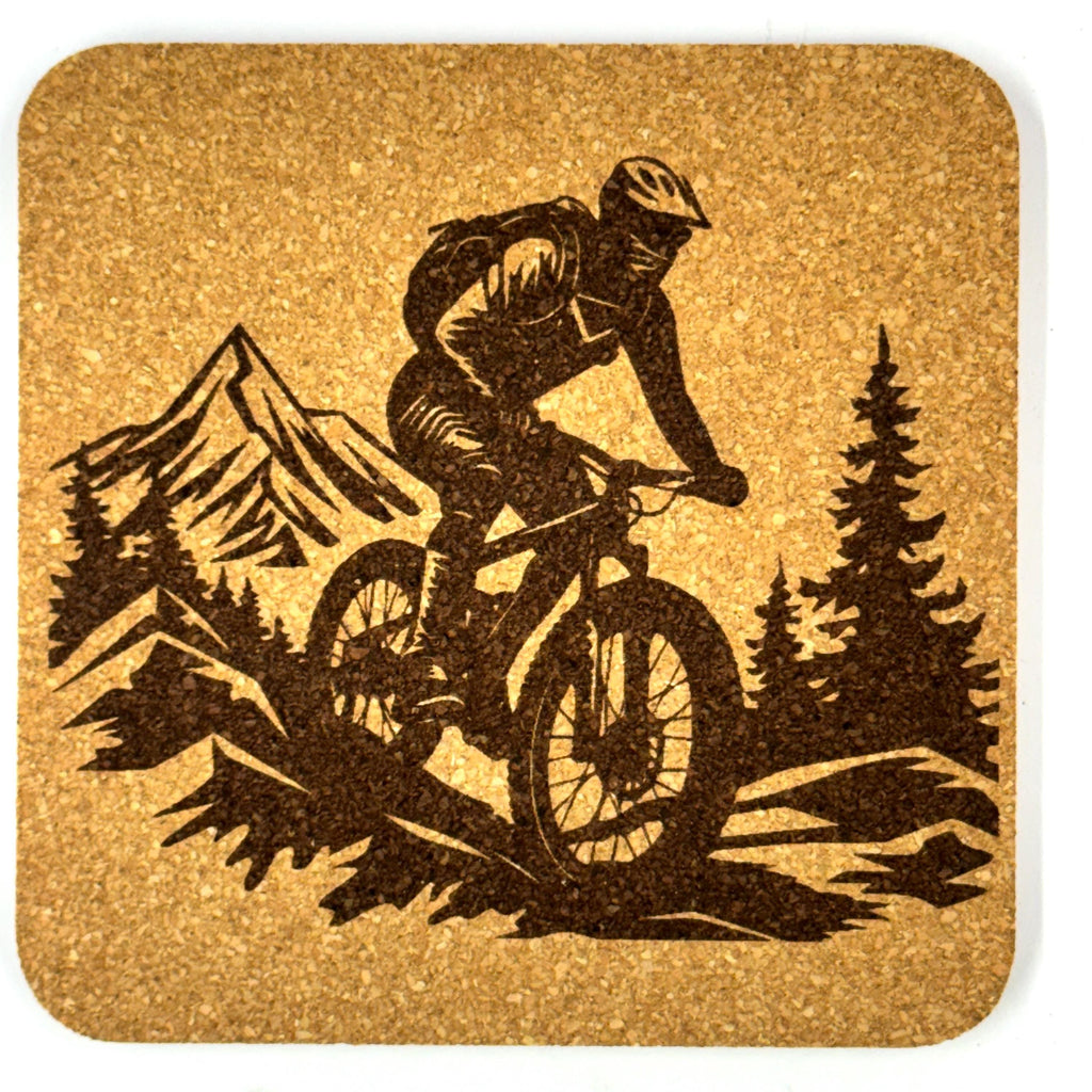 Mountain Bike Trail Riders, Set of 4 Laser Engraved Cork Coasters
