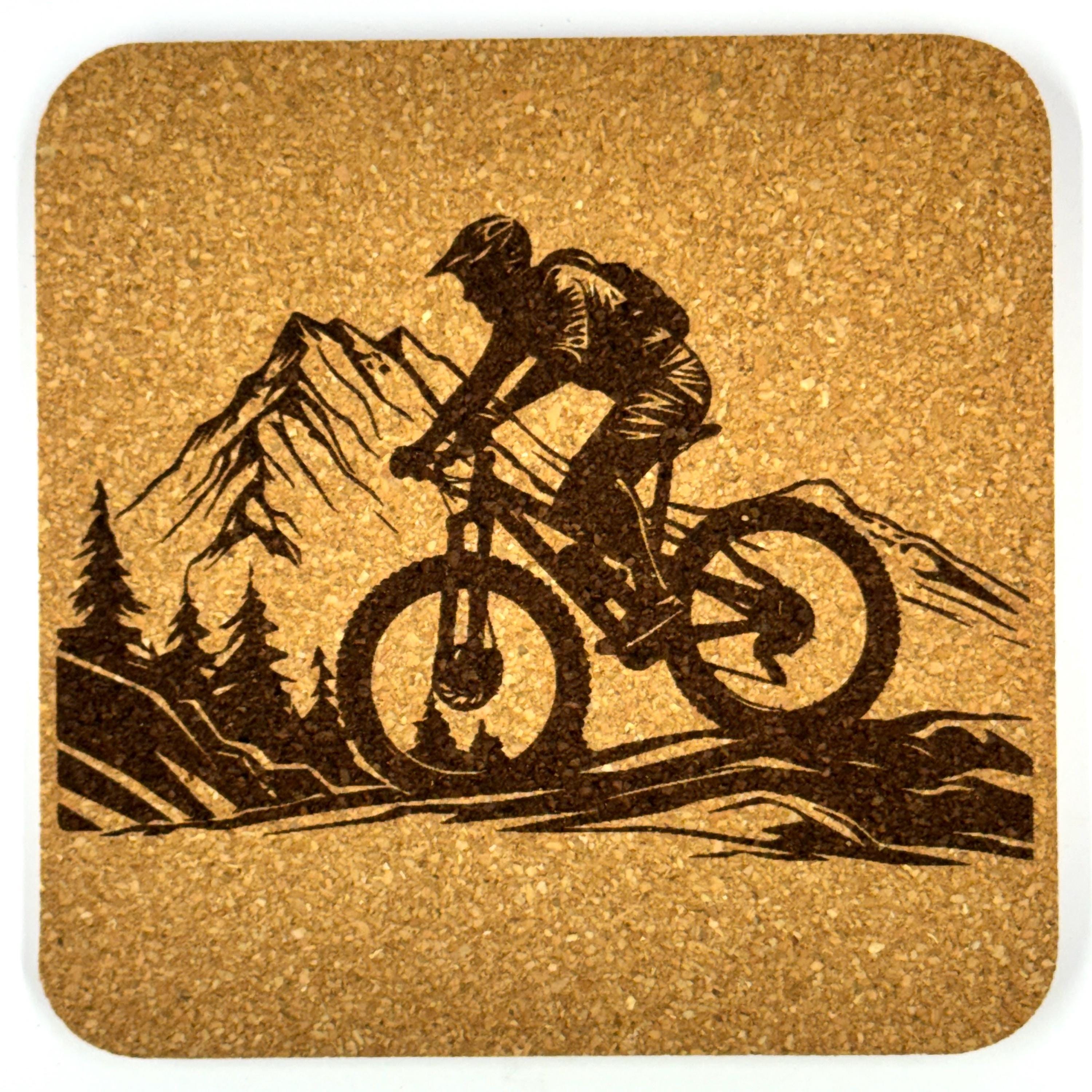 Mountain Bike Trail Riders, Set of 4 Laser Engraved Cork Coasters