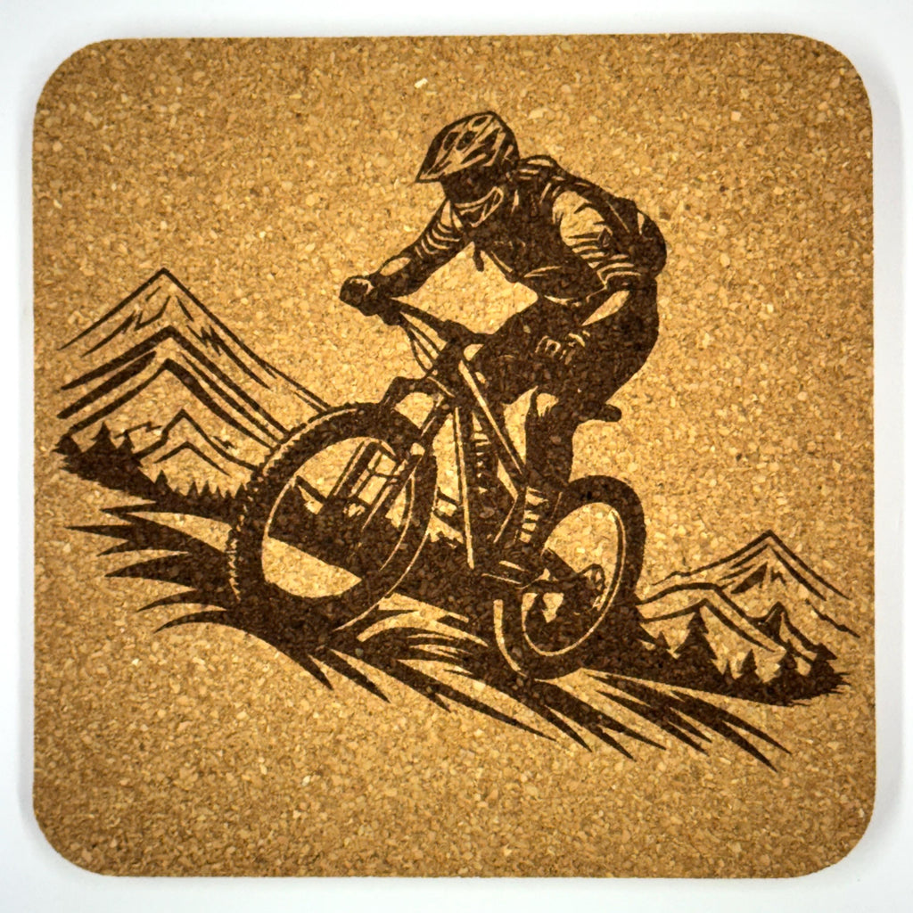 Mountain Bike Trail Riders, Set of 4 Laser Engraved Cork Coasters