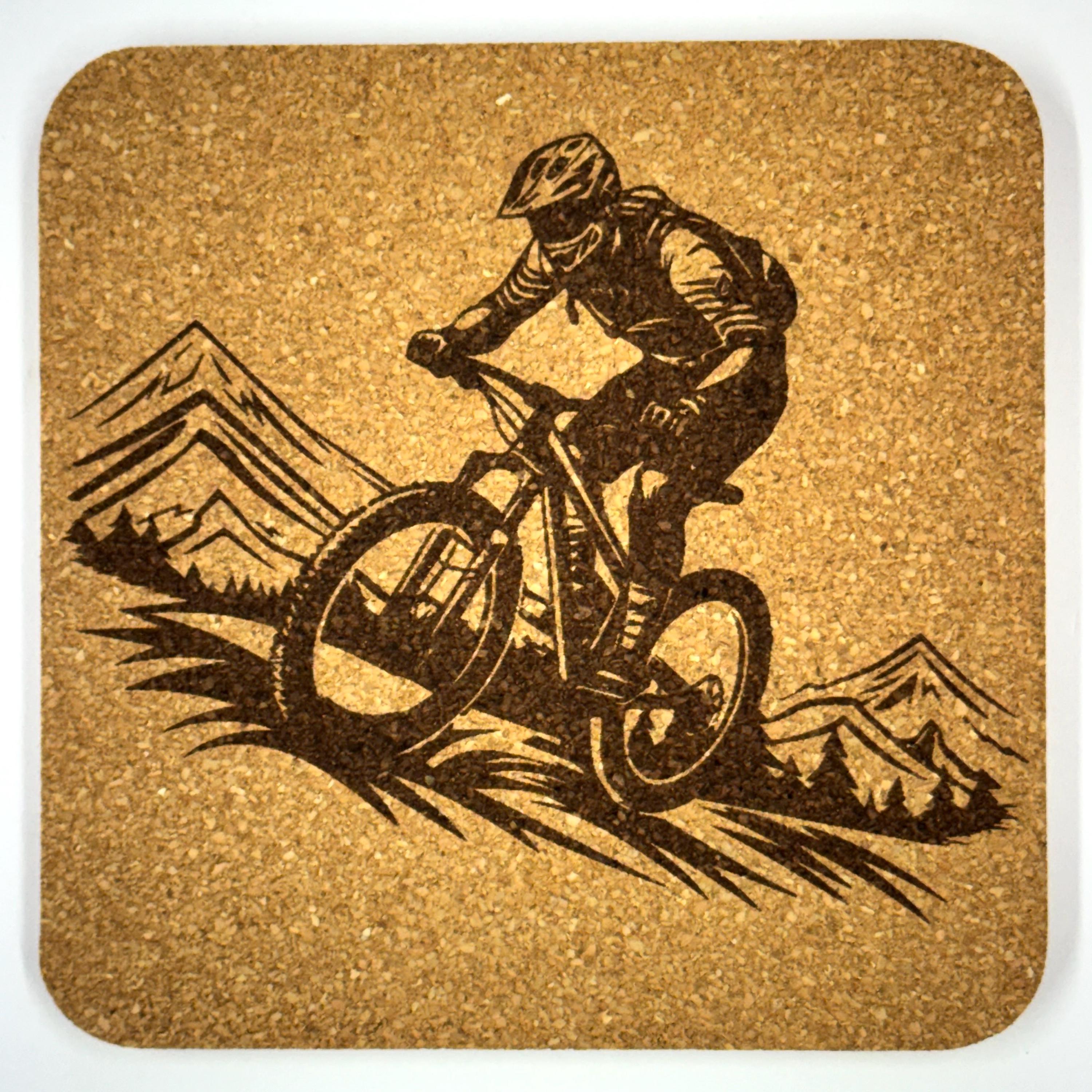 Mountain Bike Trail Riders, Set of 4 Laser Engraved Cork Coasters