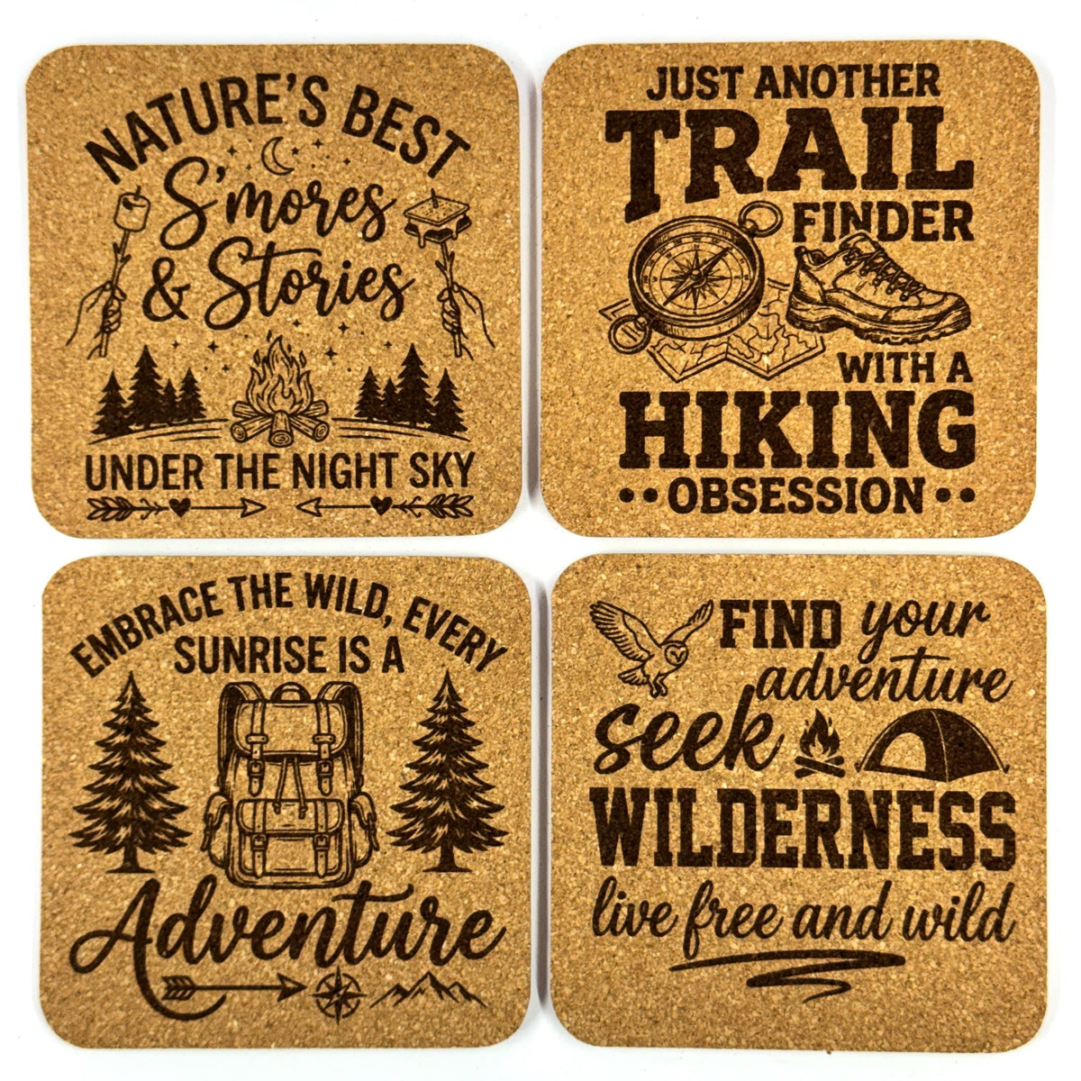 Camping Hiking Adventure, Set of 4 Laser Engraved Cork Coasters