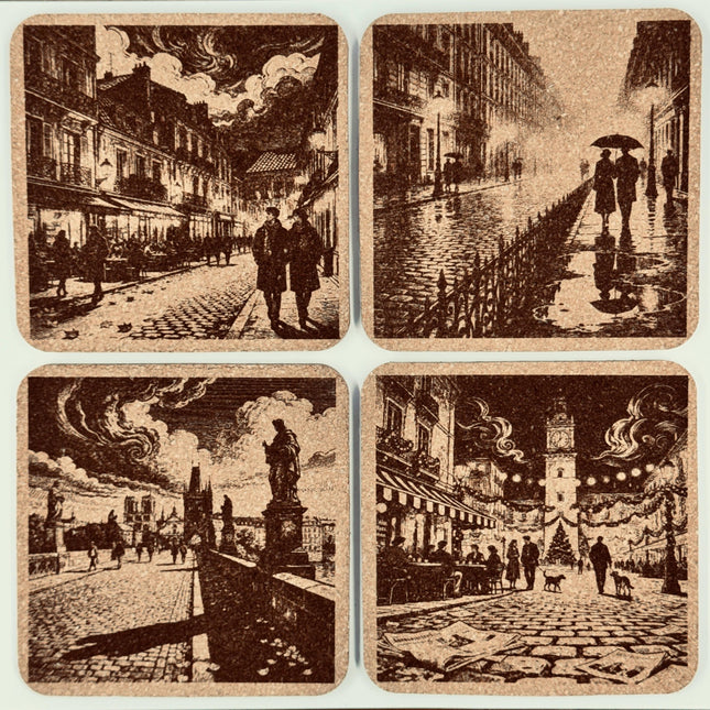 European City Nights, Romantic Travel Decor, Set of 4 Laser Engraved Cork Coasters