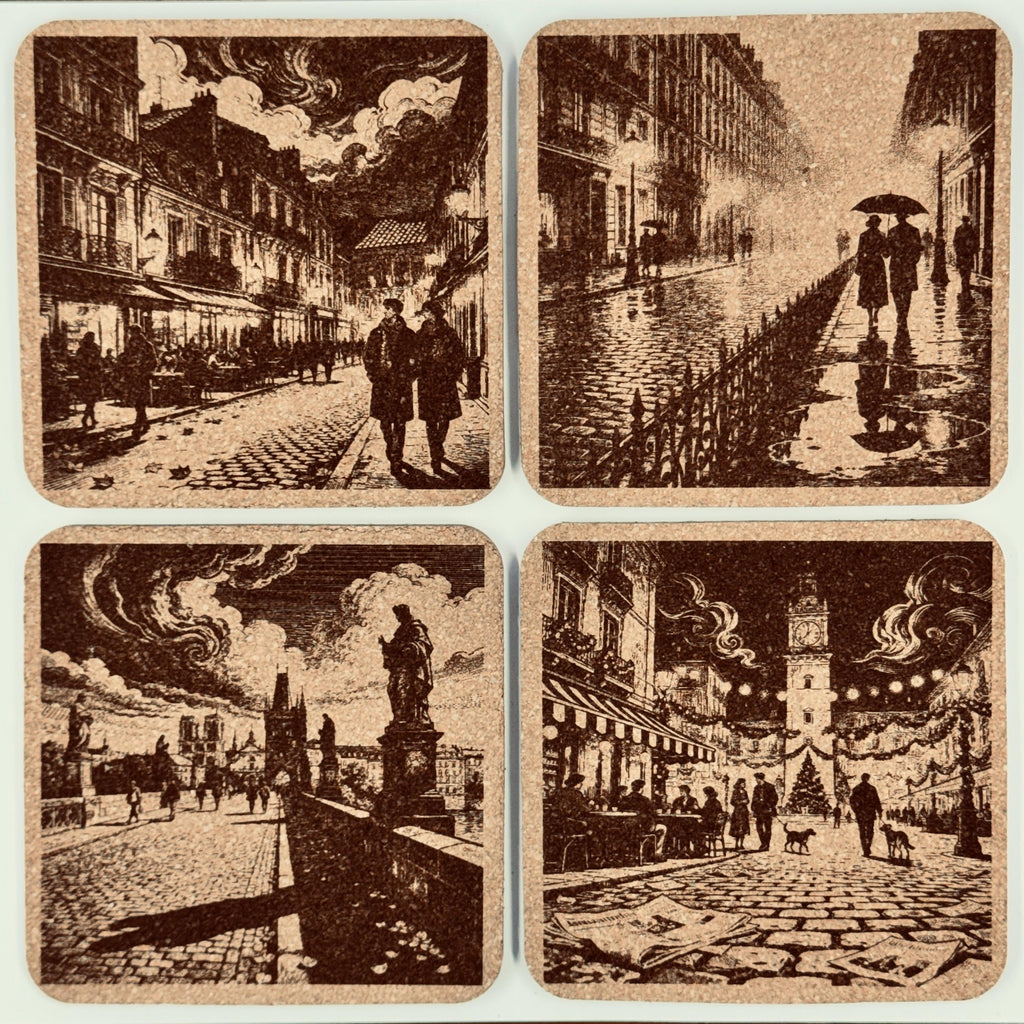 European City Nights, Romantic Travel Decor, Set of 4 Laser Engraved Cork Coasters