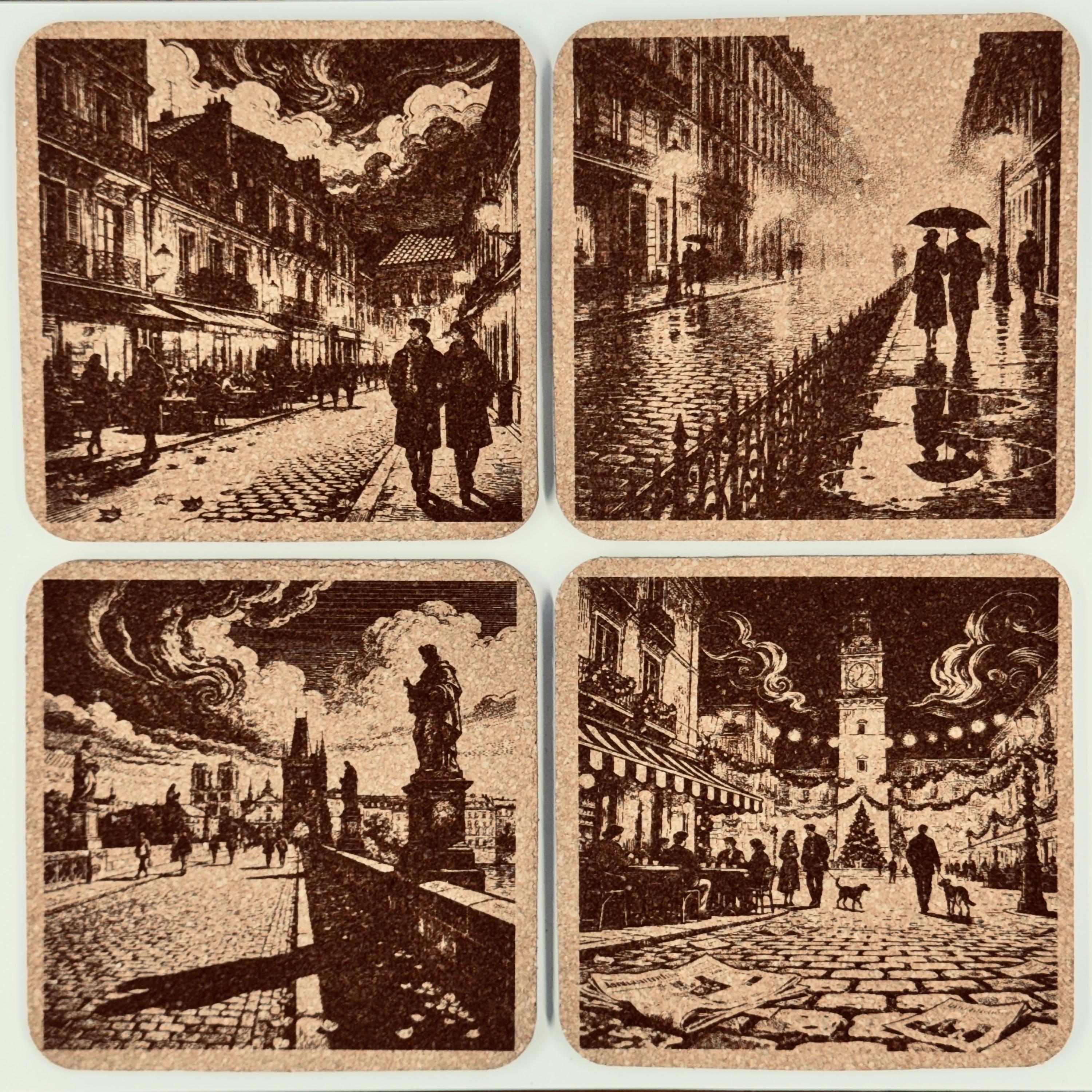 European City Nights, Romantic Travel Decor, Set of 4 Laser Engraved Cork Coasters
